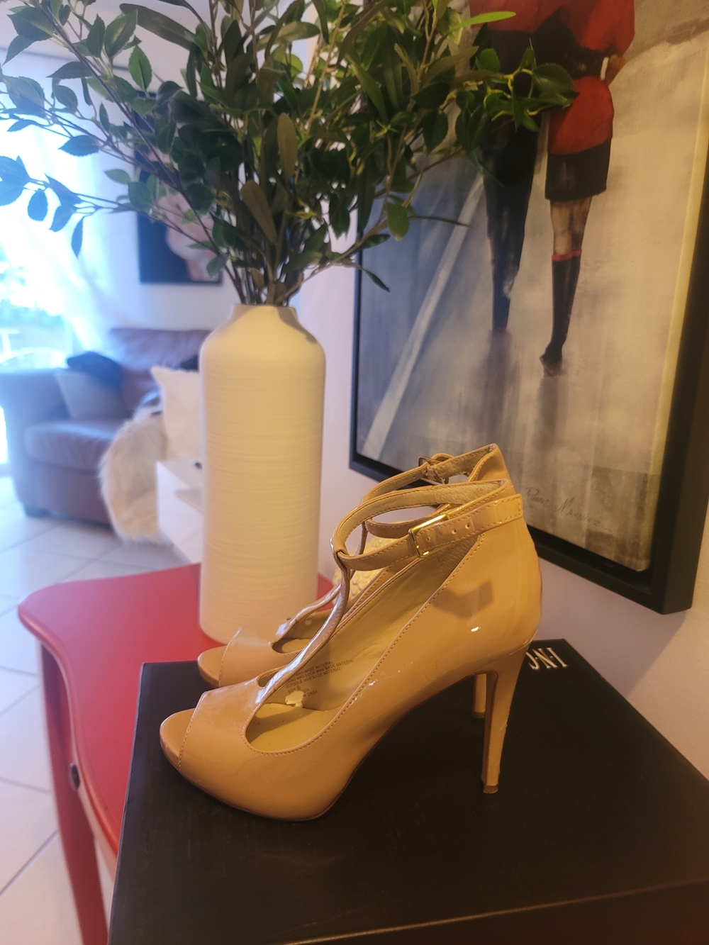 INC International Concepts Nude Patent Leather Ankle-Strap High Heels